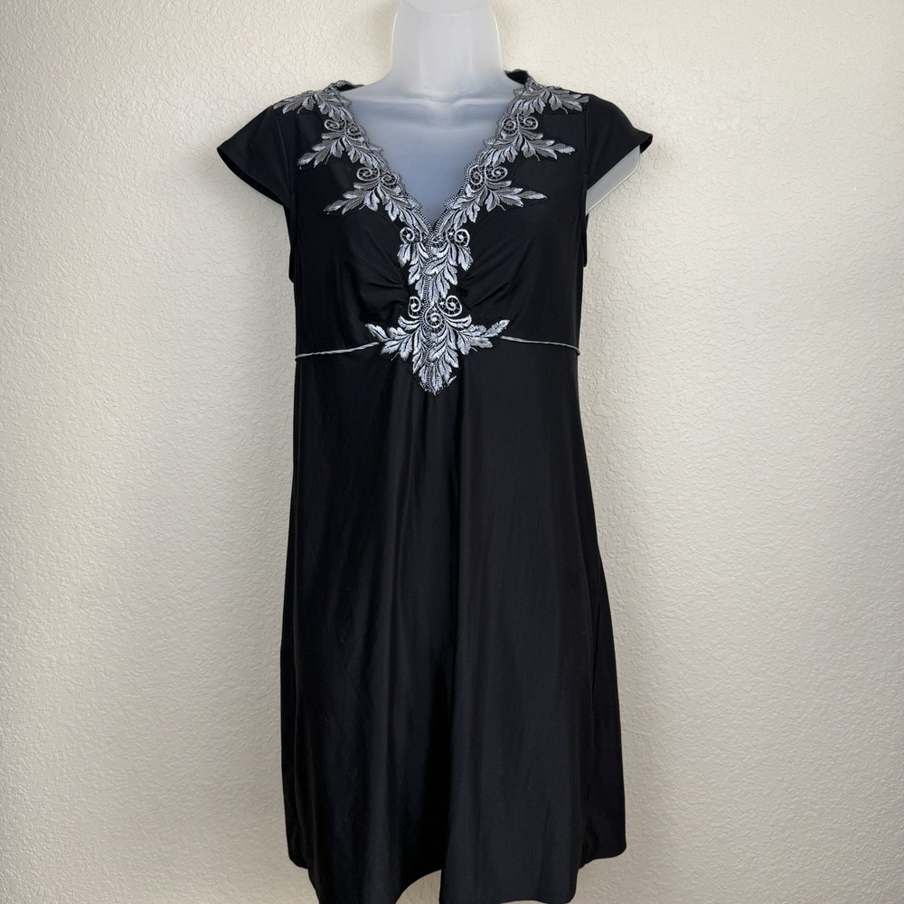 Soma Black Chemise Slinky Slip Dress Silver Lace Embroidered Moody Soft Goth S